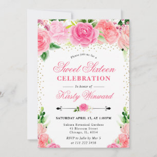 Watercolor Pink Roses Flowers Photo Sweet 16 Invitation
