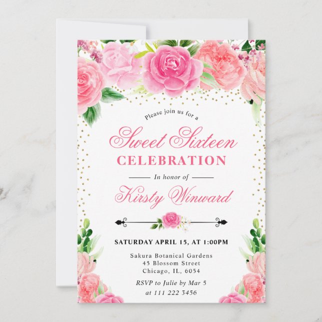 Watercolor Pink Roses Flowers Photo Sweet 16 Invitation (Front)