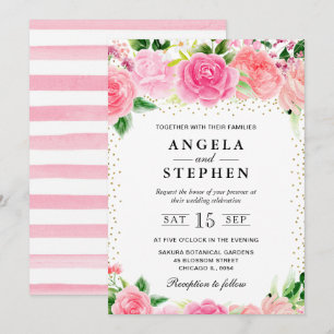 Watercolor Pink Roses Flowers Wedding Invitation