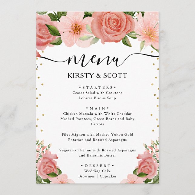 Watercolor Pink Roses Flowers Wedding Menu (Front)