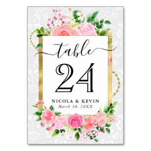 Watercolor Pink Roses Flowers Wedding Table Number