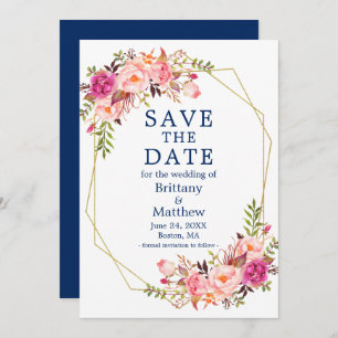 Watercolor Pink Roses Geo Frame Navy Blue Save The Date