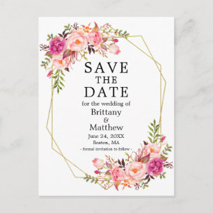 Watercolor Pink Roses Geo Frame Save The Date  Postcard