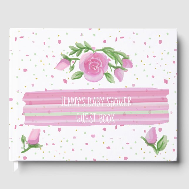 Watercolor Pink Roses Girl's Baby Shower Guest Book (Front)