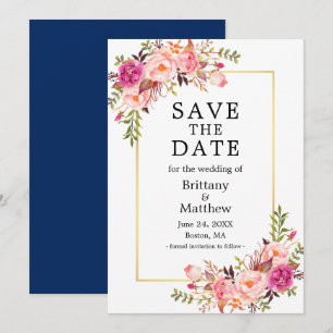 Watercolor Pink Roses Gold Blue Save The Date