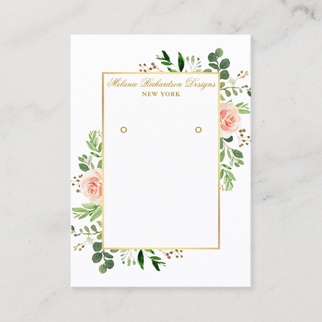 Watercolor Pink Roses Gold Earring Display Card (Front)
