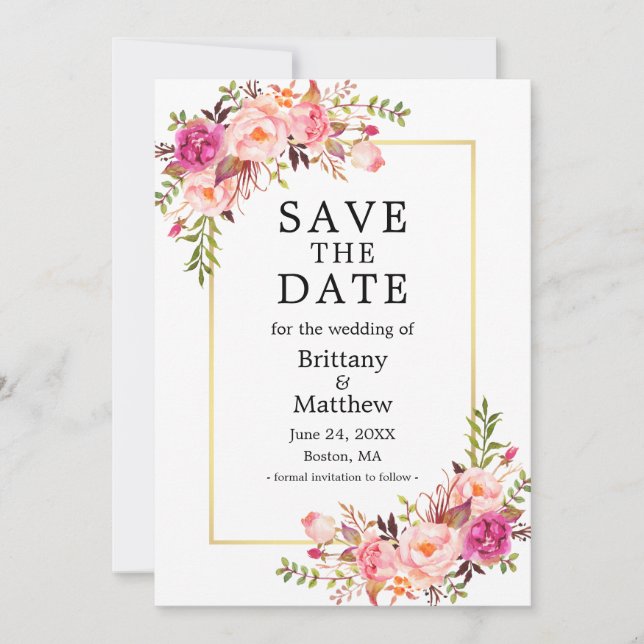 Watercolor Pink Roses Gold Frame Save The Date (Front)