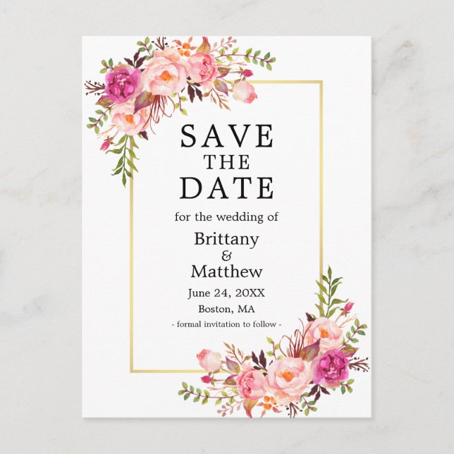 Watercolor Pink Roses Gold Frame Save The Date Postcard (Front)