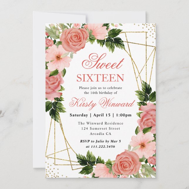 Watercolor Pink Roses Gold Frame Sweet 16 Invitation (Front)