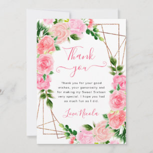 Watercolor Pink Roses Gold Frame Sweet 16 Thank You Card