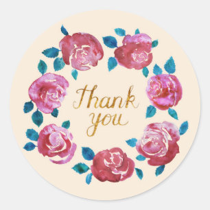 Watercolor Pink Roses Gold Letters Thank you Classic Round Sticker