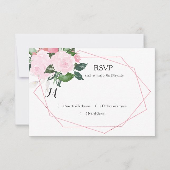 Watercolor Pink Roses Greenery Geometric RSVP (Front)