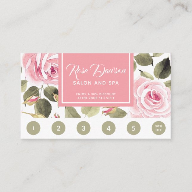Watercolor Pink Roses Loyalty Business Card (Front)