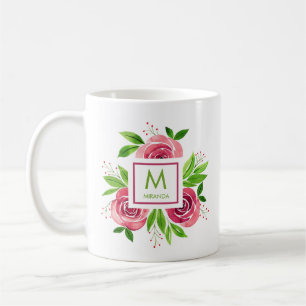 Watercolor Pink Roses Monogrammed Personalised Coffee Mug