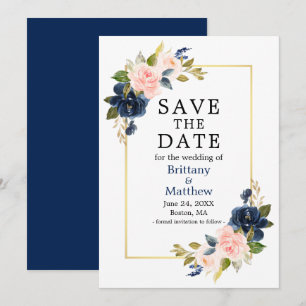 Watercolor Pink Roses Navy Blue Gold Frame Save The Date