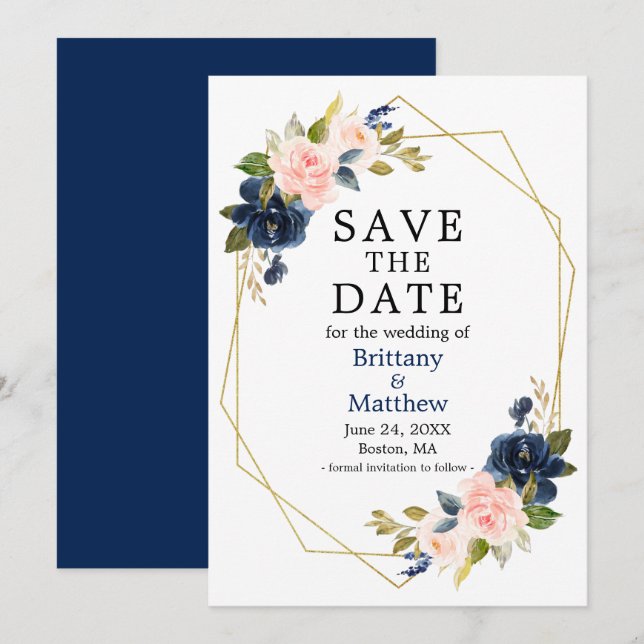 Watercolor Pink Roses Navy Blue Gold Geo Frame Save The Date (Front/Back)