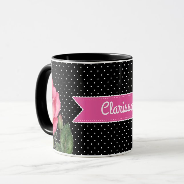Watercolor Pink Roses on Black White Polka Dots Mug (Front Left)