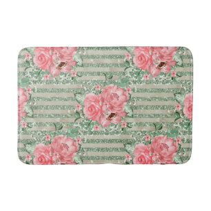 Watercolor Pink Roses on Green Glitter Stripes Bath Mat