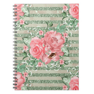 Watercolor Pink Roses on Green Glitter Stripes Notebook