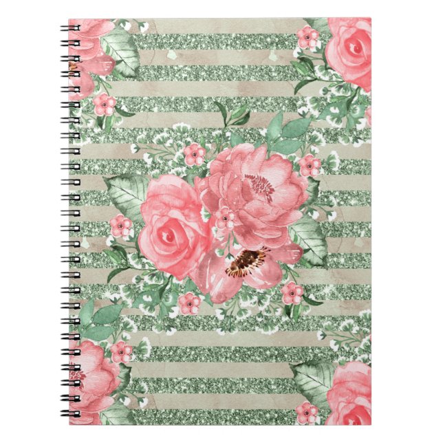 Watercolor Pink Roses on Green Glitter Stripes Notebook (Front)