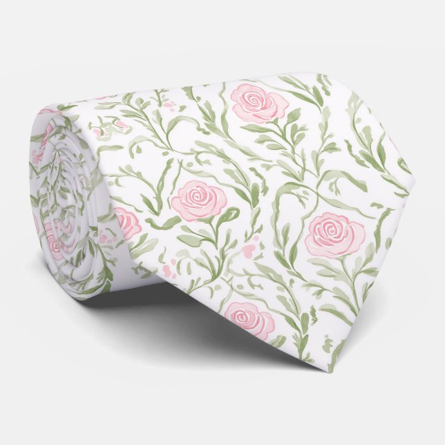 Watercolor pink roses pattern neck tie (Rolled)