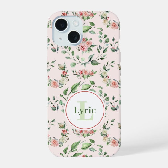 Watercolor Pink Roses Personalised iPhone 15 Case (Back)