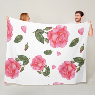 Watercolor Pink Roses Petals and Leaves Fleece Blanket