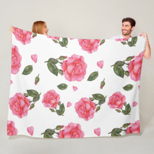 Watercolor Pink Roses Petals and Leaves Pattern Fleece Blanket
