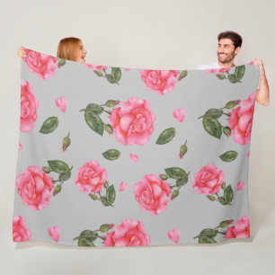 Watercolor Pink Roses Petals and Leaves Pattern Fleece Blanket