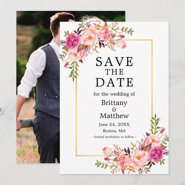 Watercolor Pink Roses Photo Gold Save The Date (Front/Back)