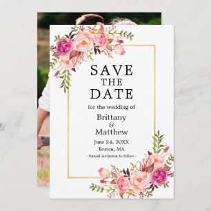 Watercolor Pink Roses Photo Gold Save The Date