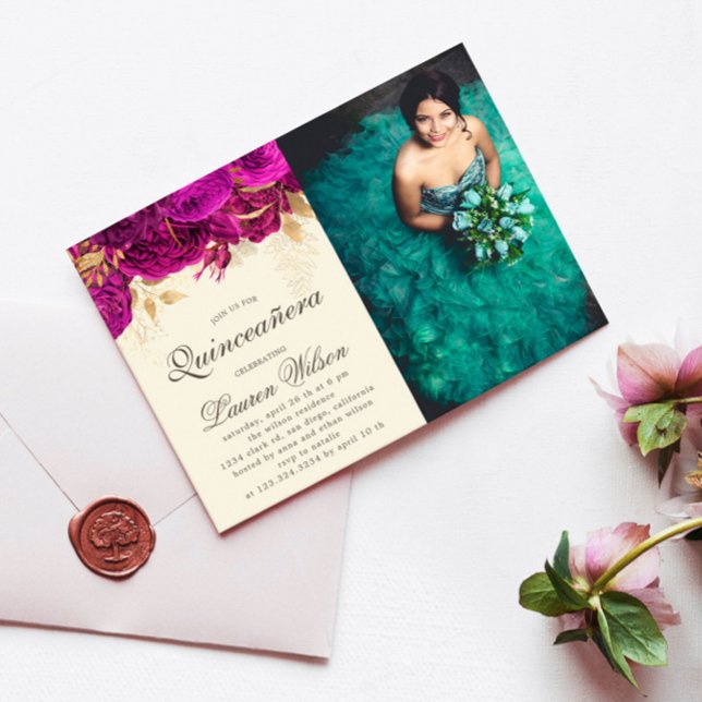 Watercolor Pink Roses Quinceanera Photo Invitation (Creator Uploaded)