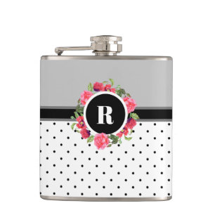 Watercolor Pink Roses Red Poppies Wreath Monogram Hip Flask