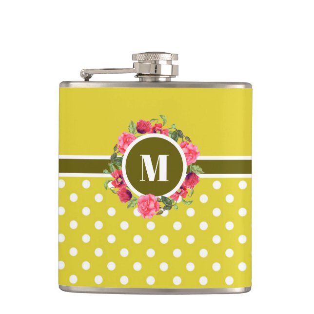 Watercolor Pink Roses Red Poppies Wreath Monogram Hip Flask (Front)