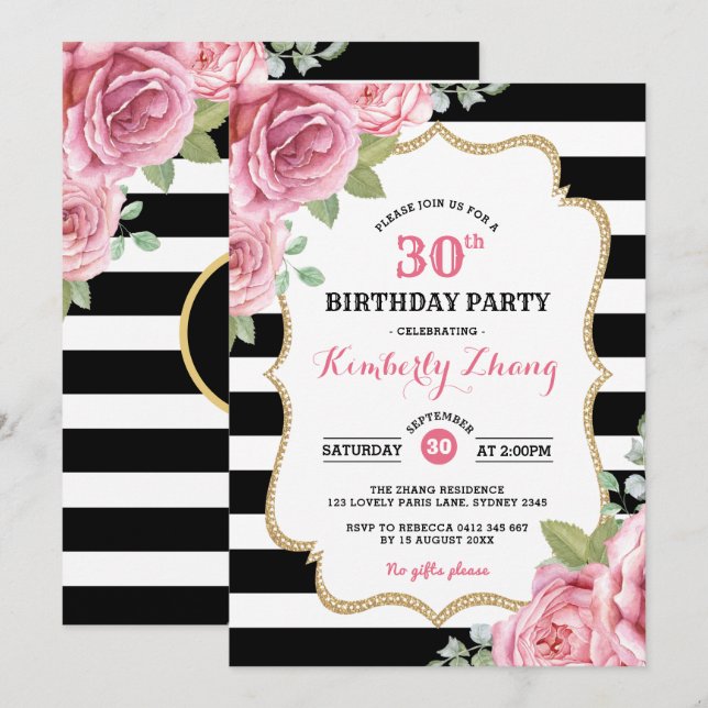 Watercolor Pink Roses / Romantic Paris Birthday Invitation (Front/Back)