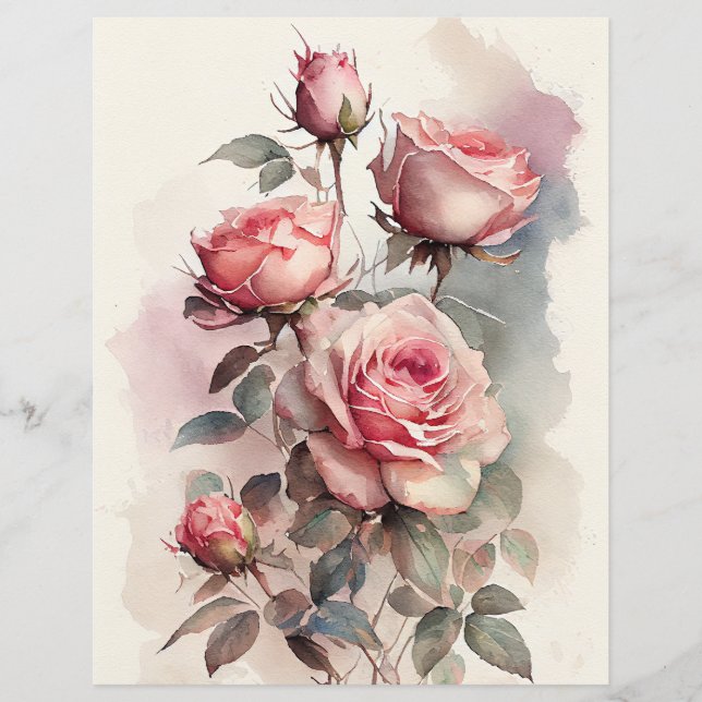 Watercolor Pink Roses Scrapbook Paper (Front)