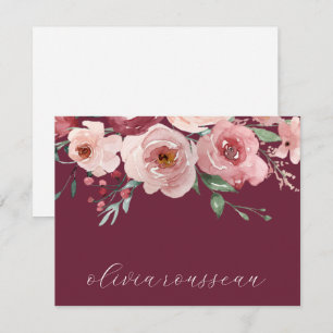 Watercolor Pink Roses Script Bordeaux Wine Card