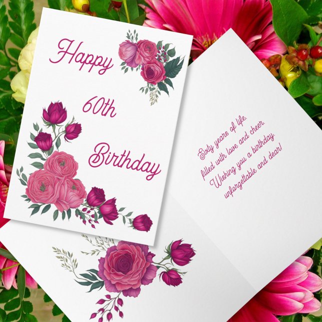 Watercolor Pink Roses Spring Bouquet 60th Birthday Card (Creator Uploaded)