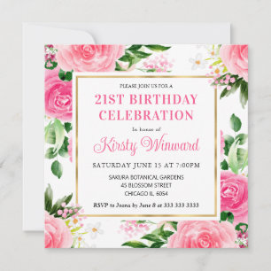 Watercolor Pink Roses Summer Flowers Birthday Invitation