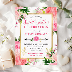 Watercolor Pink Roses Summer Flowers Sweet 16 Invitation