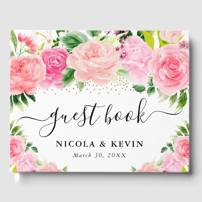 Watercolor Pink Roses Summer Flowers Wedding Guest Book (Front)