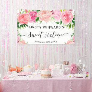 Watercolor Pink Roses Sweet Sixteen Welcome Banner