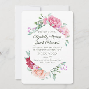 Watercolor Pink Roses & Violets Virtual Wedding Invitation