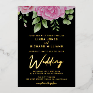 Watercolor Pink Roses Wedding Foil Invitation