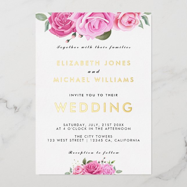Watercolor Pink Roses Wedding Foil Invitation (Front)
