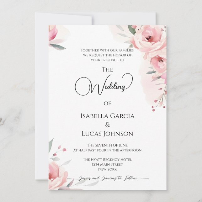 Watercolor Pink Roses Wedding Invitation (Front)