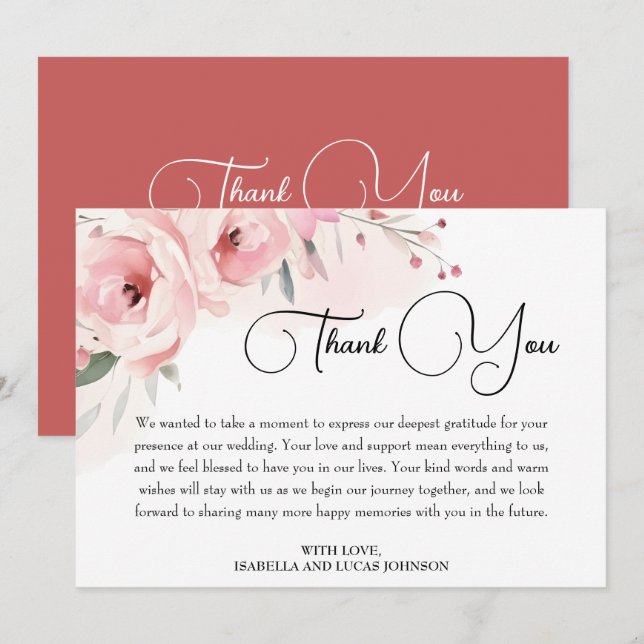 Watercolor Pink Roses Wedding  Thank You Card (Front/Back)