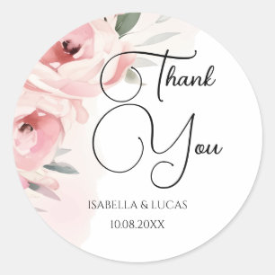Watercolor Pink Roses Wedding Thank You Classic Round Sticker