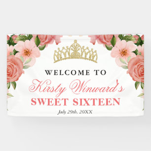 Watercolor Pink Roses Welcome Sweet Sixteen Banner