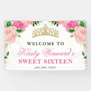 Watercolor Pink Roses Welcome Sweet Sixteen Banner